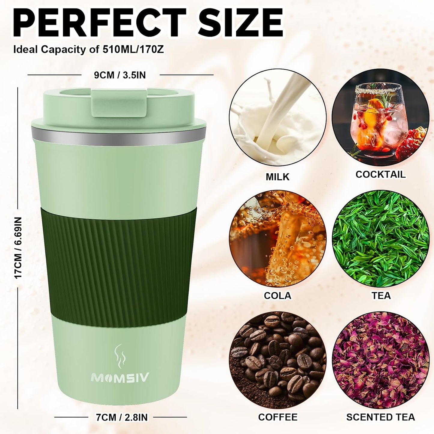 17oz Travel Coffee Mug, Insulated Coffee Cup with Leakproof Lid | 6-Hour Heat Retention, 360°Leak proof, Vacuum Stainless Steel Double Walled, BPA-free, Reusable And To Go Coffee Mug
