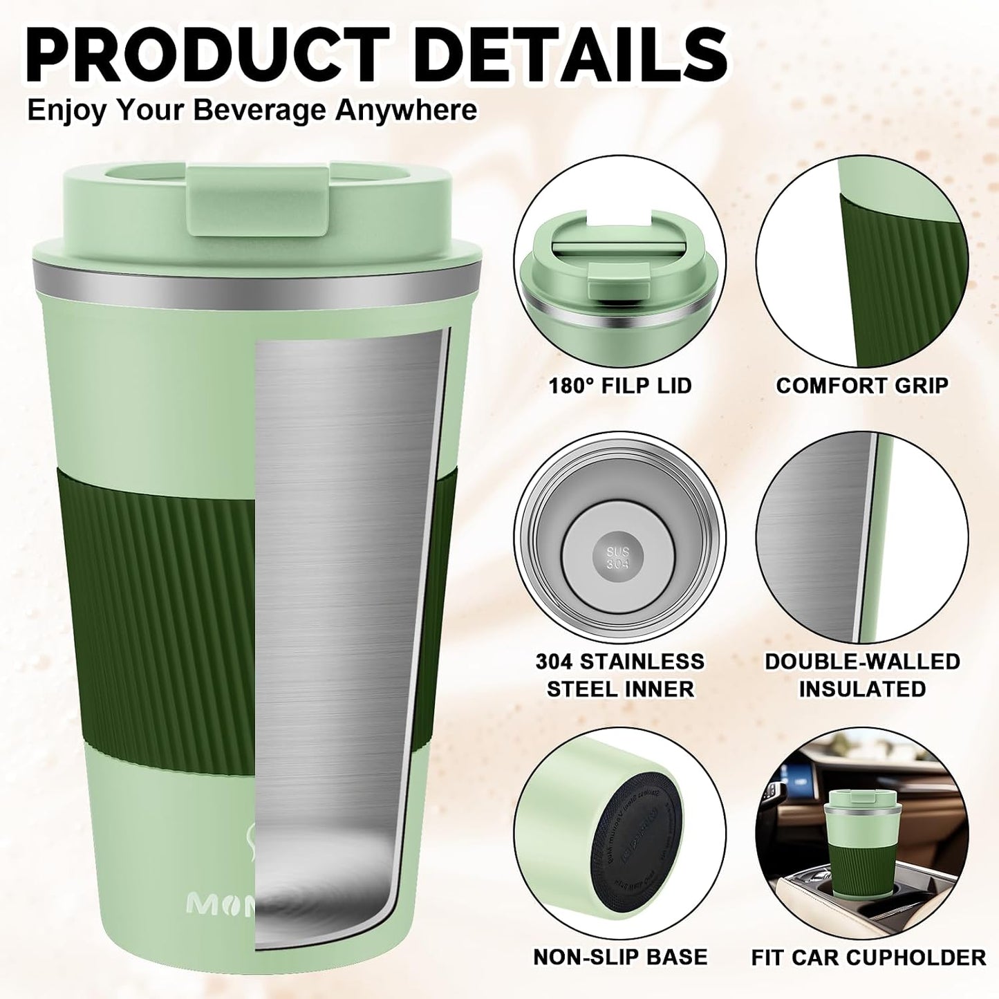 17oz Travel Coffee Mug, Insulated Coffee Cup with Leakproof Lid | 6-Hour Heat Retention, 360°Leak proof, Vacuum Stainless Steel Double Walled, BPA-free, Reusable And To Go Coffee Mug
