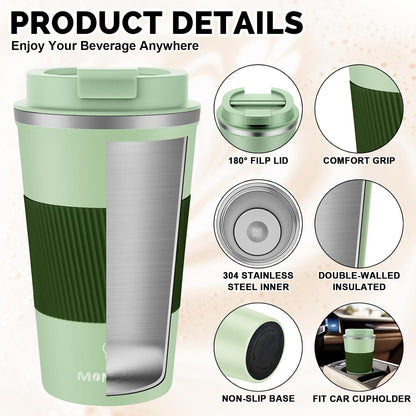 17oz Travel Coffee Mug, Insulated Coffee Cup with Leakproof Lid | 6-Hour Heat Retention, 360°Leak proof, Vacuum Stainless Steel Double Walled, BPA-free, Reusable And To Go Coffee Mug