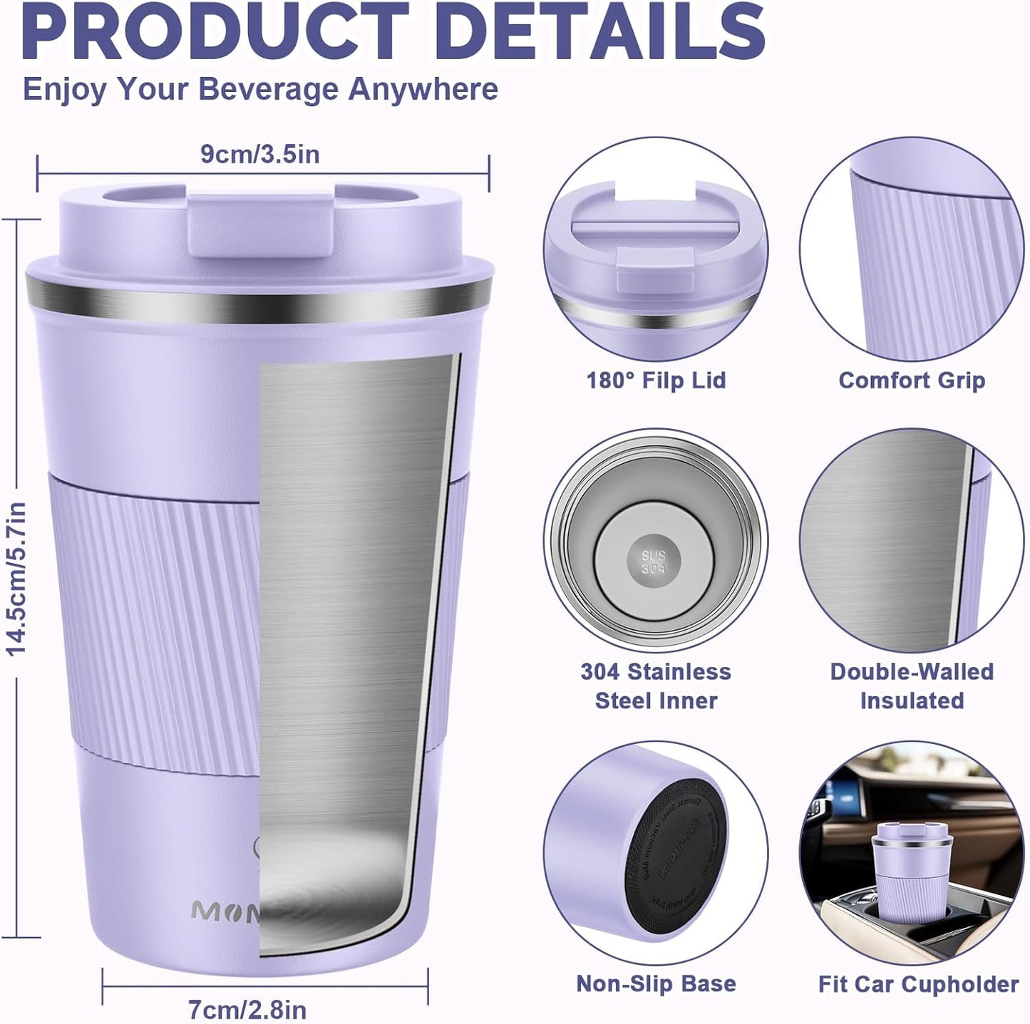 17oz Travel Coffee Mug, Insulated Coffee Cup with Leakproof Lid | 6-Hour Heat Retention, 360°Leak proof, Vacuum Stainless Steel Double Walled, BPA-free, Reusable And To Go Coffee Mug
