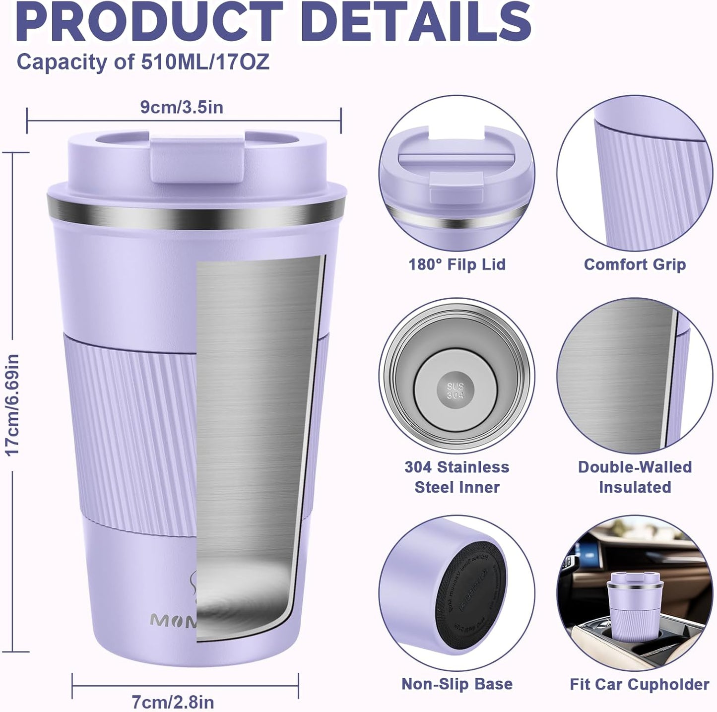 17oz Travel Coffee Mug, Insulated Coffee Cup with Leakproof Lid | 6-Hour Heat Retention, 360°Leak proof, Vacuum Stainless Steel Double Walled, BPA-free, Reusable And To Go Coffee Mug
