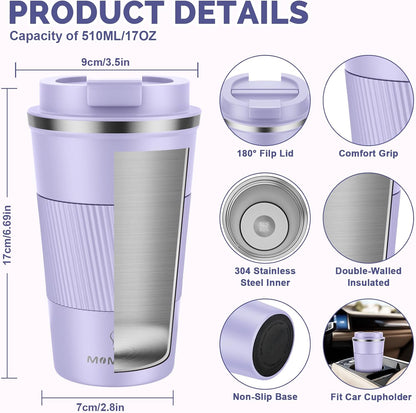 17oz Travel Coffee Mug, Insulated Coffee Cup with Leakproof Lid | 6-Hour Heat Retention, 360°Leak proof, Vacuum Stainless Steel Double Walled, BPA-free, Reusable And To Go Coffee Mug