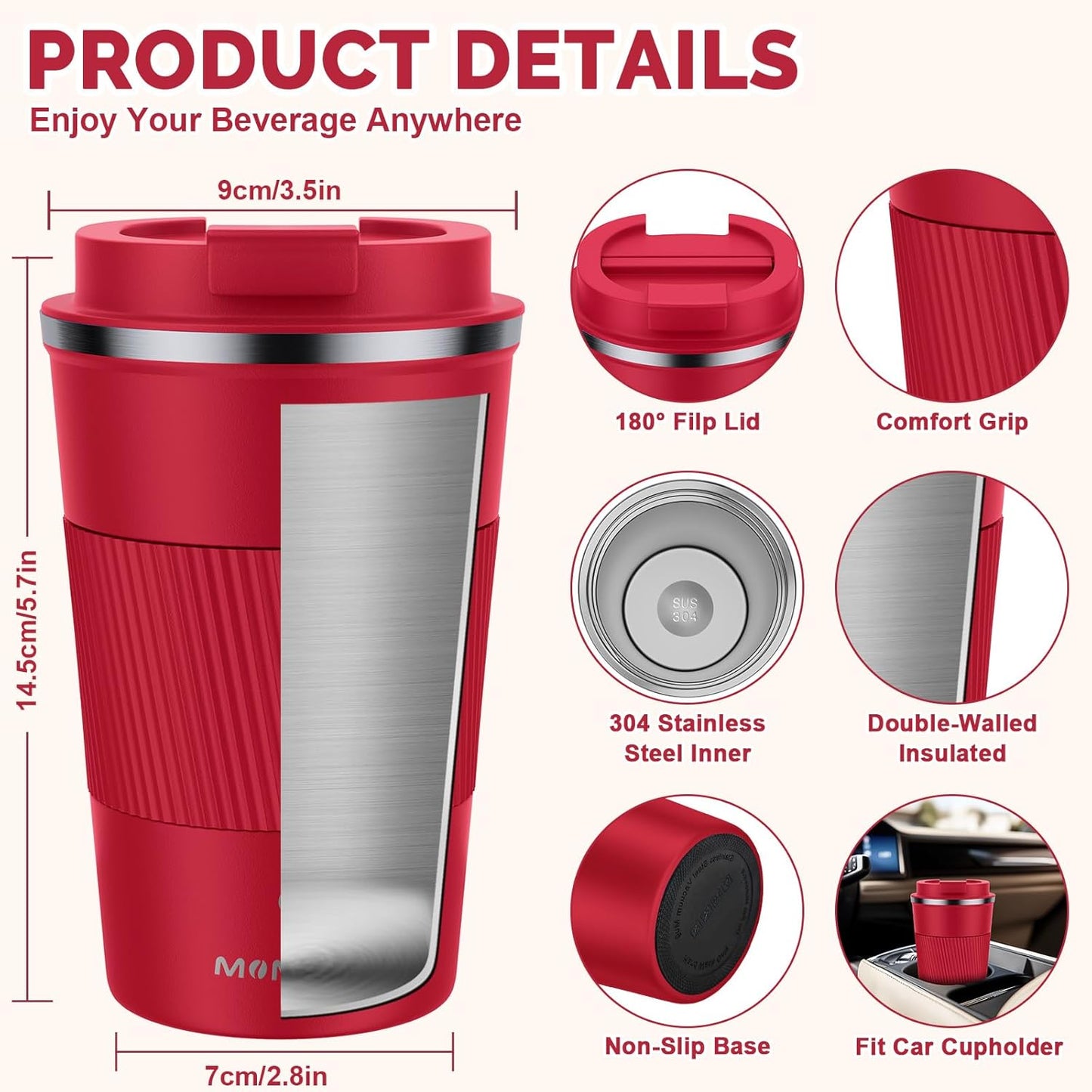 17oz Travel Coffee Mug, Insulated Coffee Cup with Leakproof Lid | 6-Hour Heat Retention, 360°Leak proof, Vacuum Stainless Steel Double Walled, BPA-free, Reusable And To Go Coffee Mug