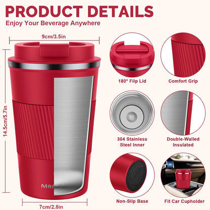 17oz Travel Coffee Mug, Insulated Coffee Cup with Leakproof Lid | 6-Hour Heat Retention, 360°Leak proof, Vacuum Stainless Steel Double Walled, BPA-free, Reusable And To Go Coffee Mug