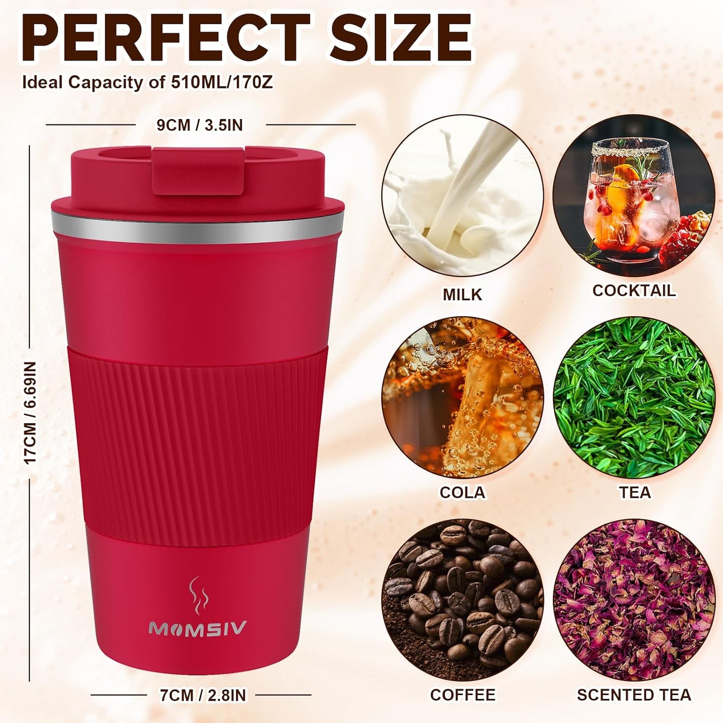 17oz Travel Coffee Mug, Insulated Coffee Cup with Leakproof Lid | 6-Hour Heat Retention, 360°Leak proof, Vacuum Stainless Steel Double Walled, BPA-free, Reusable And To Go Coffee Mug