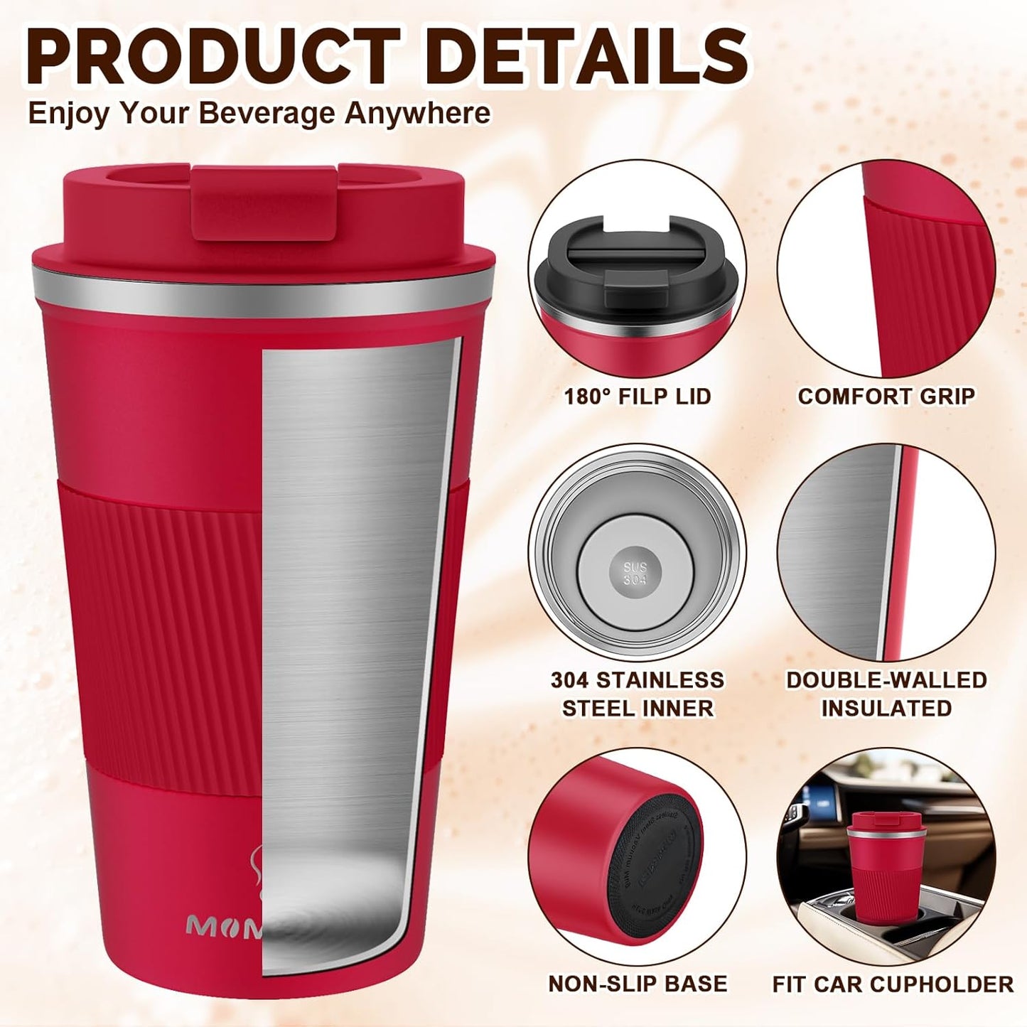 17oz Travel Coffee Mug, Insulated Coffee Cup with Leakproof Lid | 6-Hour Heat Retention, 360°Leak proof, Vacuum Stainless Steel Double Walled, BPA-free, Reusable And To Go Coffee Mug