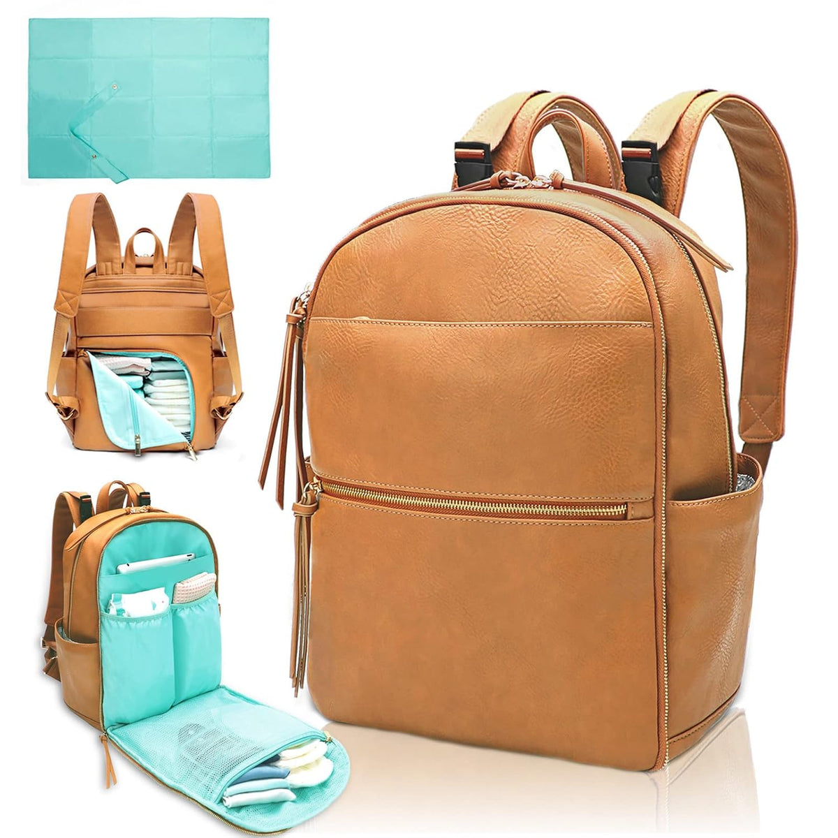 Diaper Bag Backpack with 6 Insulated Pockets, Leather Diaper Bag, Large Baby Bag for Mom, Baby Registry, 18 Pockets, Changing Pad, Stroller Straps (Brown)
