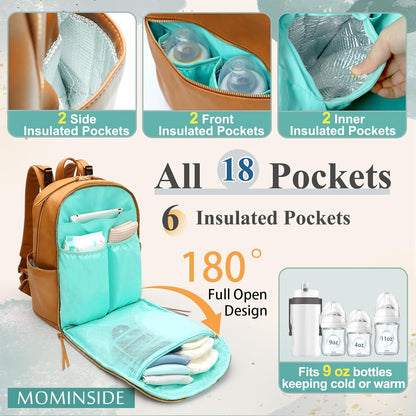 Diaper Bag Backpack with 6 Insulated Pockets, Leather Diaper Bag, Large Baby Bag for Mom, Baby Registry, 18 Pockets, Changing Pad, Stroller Straps (Brown)