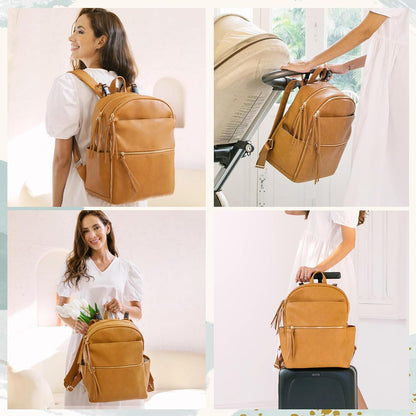 Diaper Bag Backpack with 6 Insulated Pockets, Leather Diaper Bag, Large Baby Bag for Mom, Baby Registry, 18 Pockets, Changing Pad, Stroller Straps (Brown)