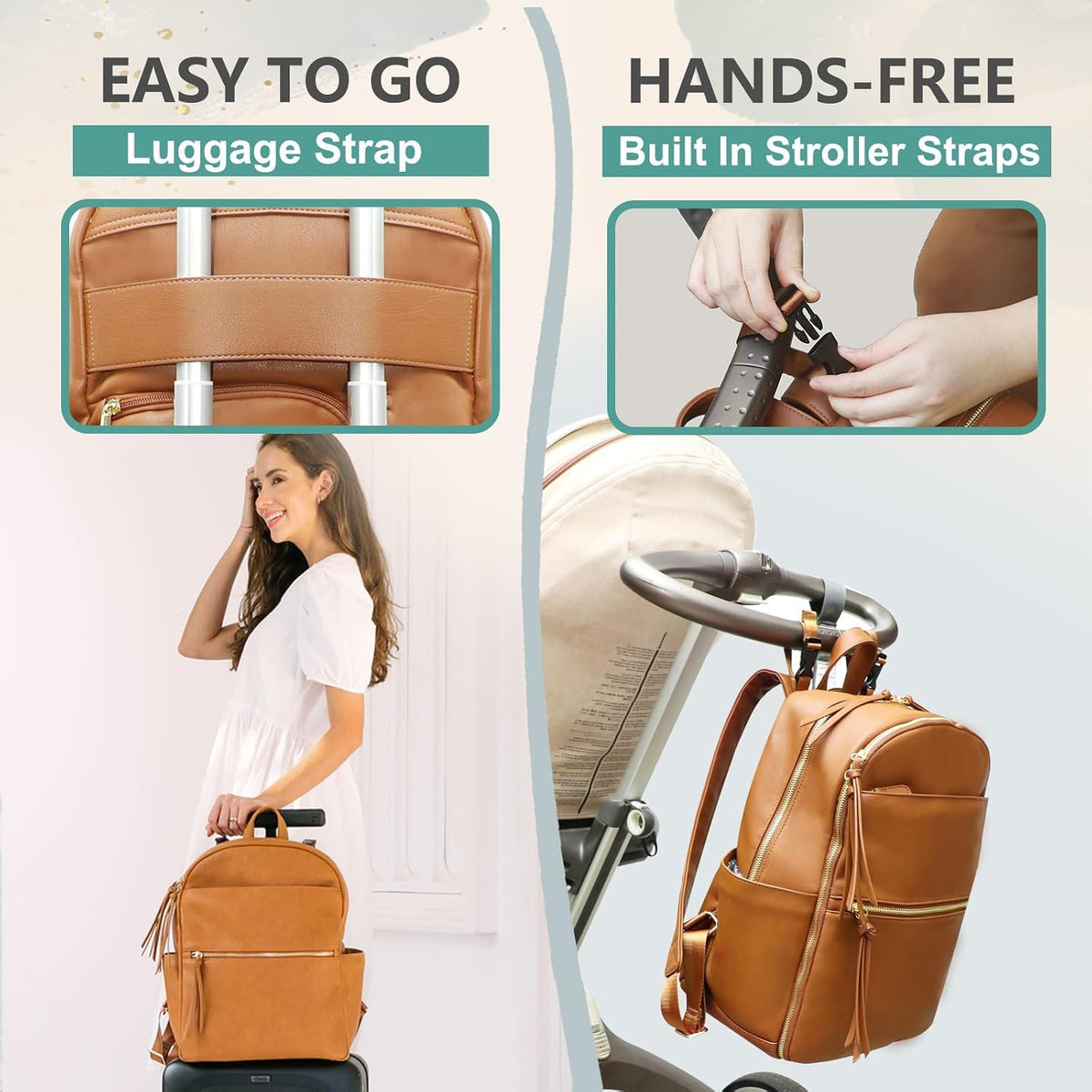Diaper Bag Backpack with 6 Insulated Pockets, Leather Diaper Bag, Large Baby Bag for Mom, Baby Registry, 18 Pockets, Changing Pad, Stroller Straps (Brown)
