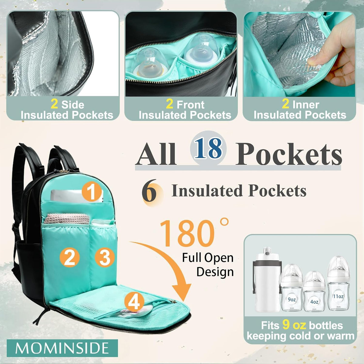 Diaper Bag Backpack with 6 Insulated Pockets, Leather Diaper Bag, Large Baby Bag for Mom, Baby Registry, 18 Pockets, Changing Pad, Stroller Straps (Brown)