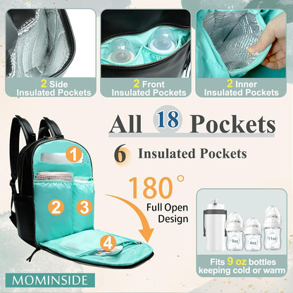 Diaper Bag Backpack with 6 Insulated Pockets, Leather Diaper Bag, Large Baby Bag for Mom, Baby Registry, 18 Pockets, Changing Pad, Stroller Straps (Brown)