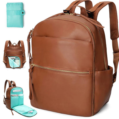 Diaper Bag Backpack with 6 Insulated Pockets, Leather Diaper Bag, Large Baby Bag for Mom, Baby Registry, 18 Pockets, Changing Pad, Stroller Straps (Brown)