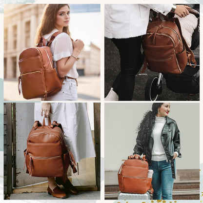 Diaper Bag Backpack with 6 Insulated Pockets, Leather Diaper Bag, Large Baby Bag for Mom, Baby Registry, 18 Pockets, Changing Pad, Stroller Straps (Brown)