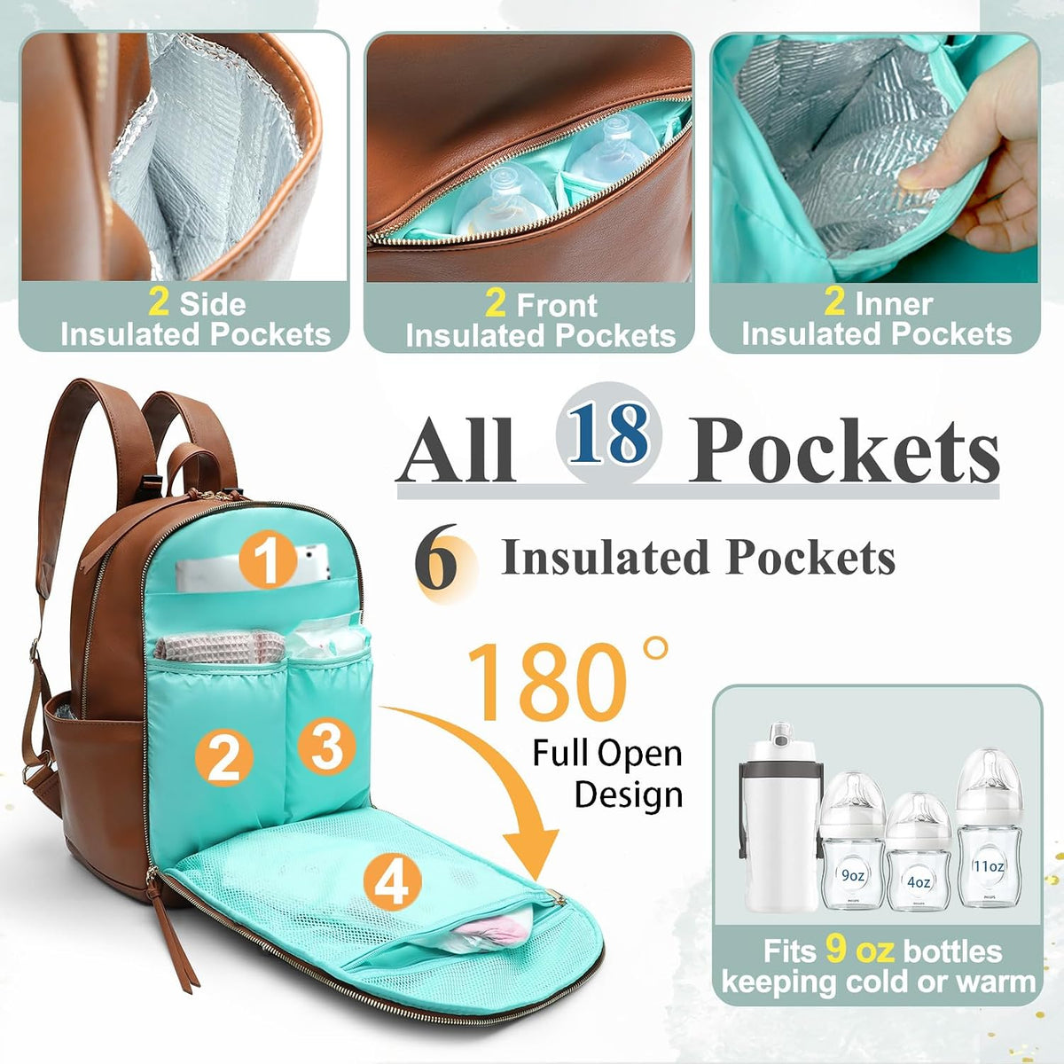 Diaper Bag Backpack with 6 Insulated Pockets, Leather Diaper Bag, Large Baby Bag for Mom, Baby Registry, 18 Pockets, Changing Pad, Stroller Straps (Brown)