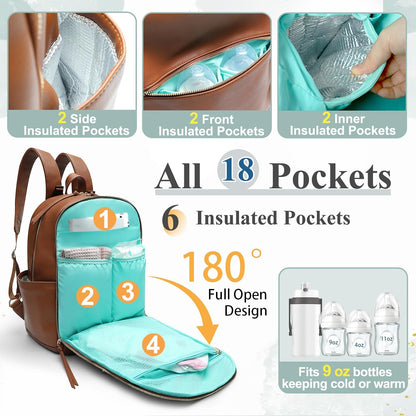 Diaper Bag Backpack with 6 Insulated Pockets, Leather Diaper Bag, Large Baby Bag for Mom, Baby Registry, 18 Pockets, Changing Pad, Stroller Straps (Brown)