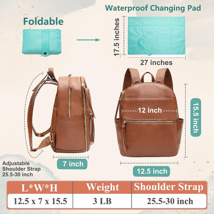 Diaper Bag Backpack with 6 Insulated Pockets, Leather Diaper Bag, Large Baby Bag for Mom, Baby Registry, 18 Pockets, Changing Pad, Stroller Straps (Brown)