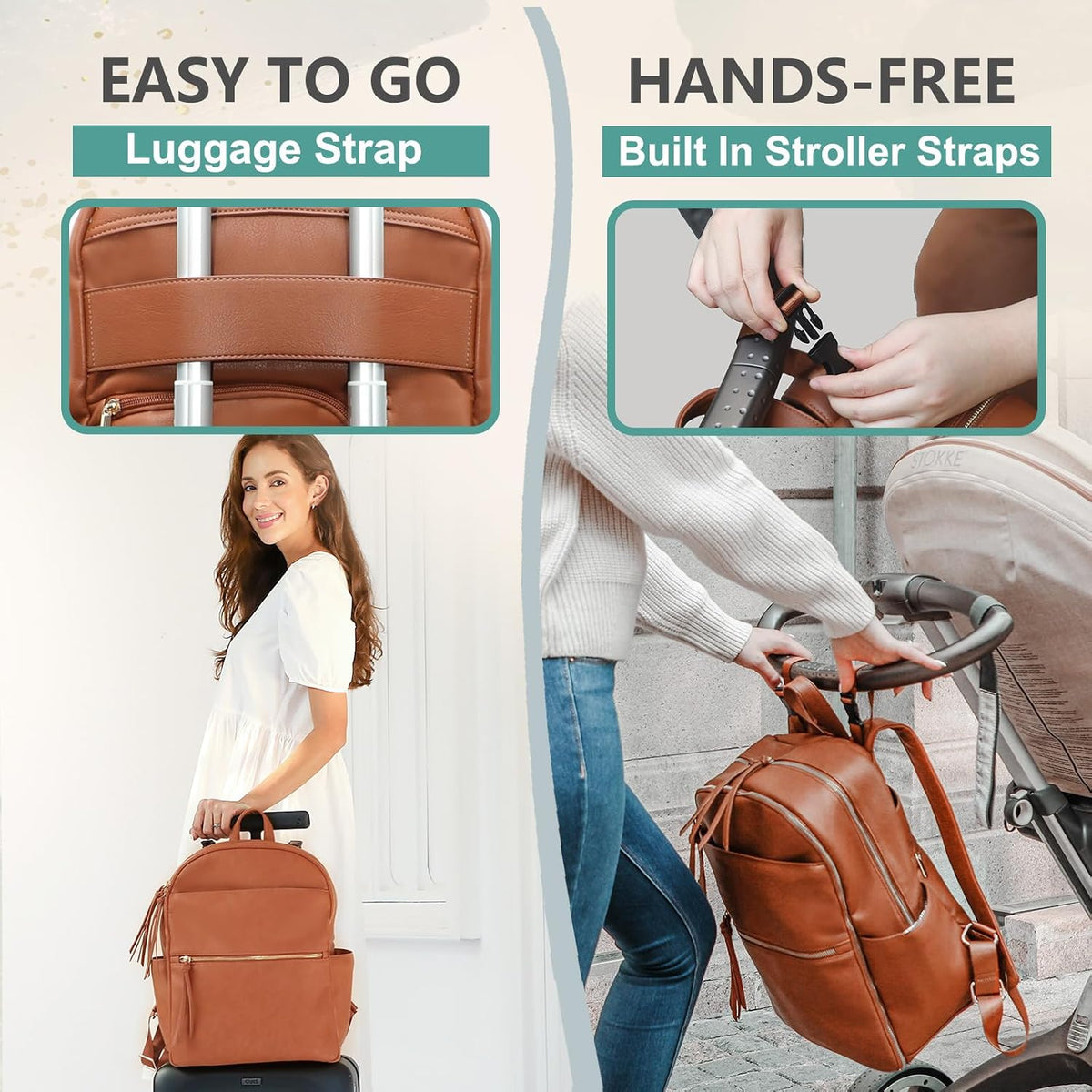Diaper Bag Backpack with 6 Insulated Pockets, Leather Diaper Bag, Large Baby Bag for Mom, Baby Registry, 18 Pockets, Changing Pad, Stroller Straps (Brown)