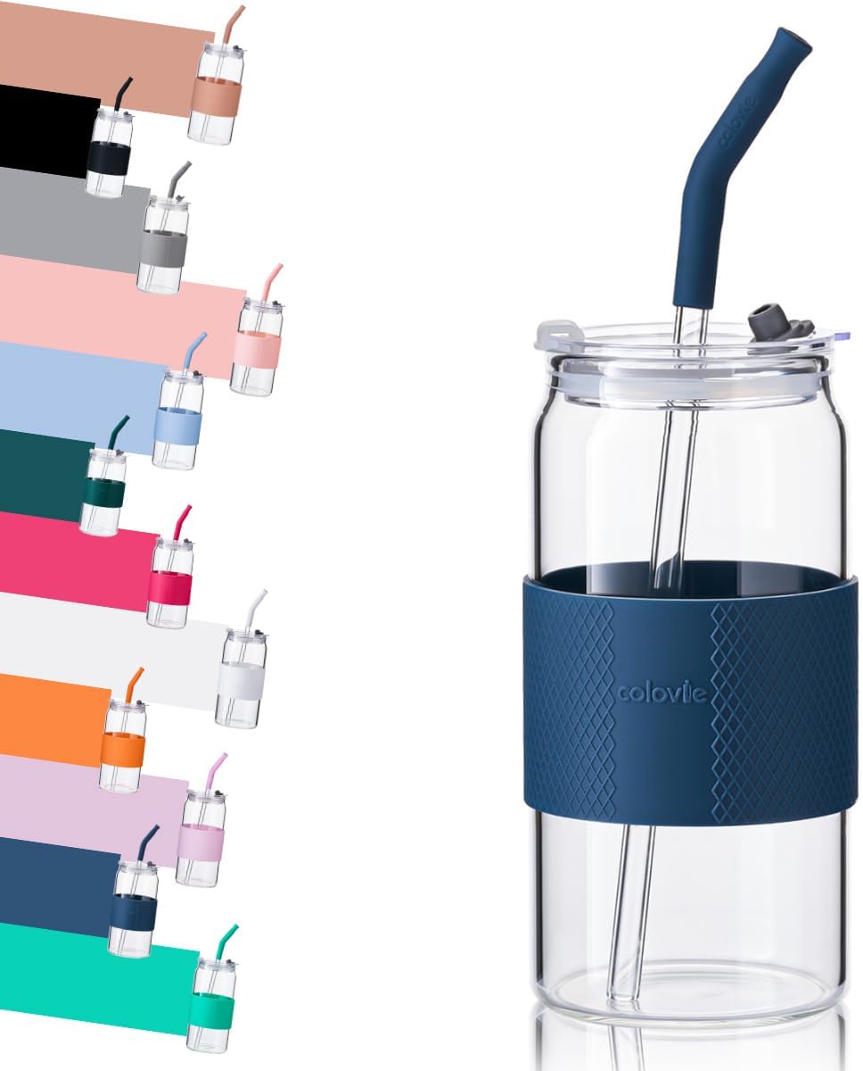 Glass Tumbler with 3 IN 1 Lids and Glass Straws(Extra Silicone Tips), Silicone Protective Sleeve, Iced Coffee Cup, Travel Water Bottle, Soda Beer Glass Cups, Hot Tea-Pink 20oz 1pc