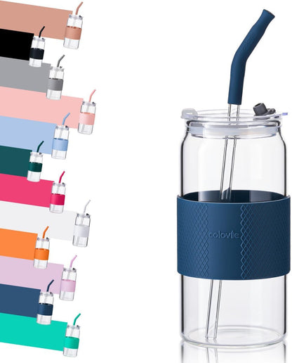 Glass Tumbler with 3 IN 1 Lids and Glass Straws(Extra Silicone Tips), Silicone Protective Sleeve, Iced Coffee Cup, Travel Water Bottle, Soda Beer Glass Cups, Hot Tea-Pink 20oz 1pc