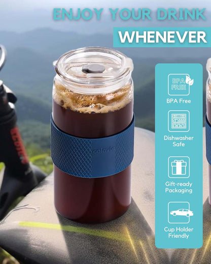 Glass Tumbler with 3 IN 1 Lids and Glass Straws(Extra Silicone Tips), Silicone Protective Sleeve, Iced Coffee Cup, Travel Water Bottle, Soda Beer Glass Cups, Hot Tea-Pink 20oz 1pc