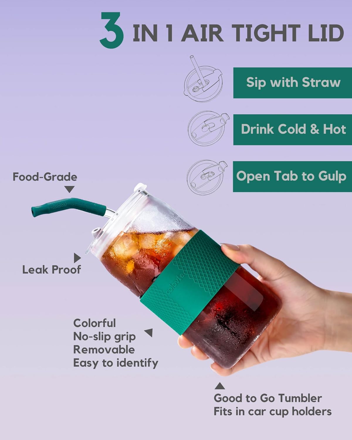 Glass Tumbler with 3 IN 1 Lids and Glass Straws(Extra Silicone Tips), Silicone Protective Sleeve, Iced Coffee Cup, Travel Water Bottle, Soda Beer Glass Cups, Hot Tea-Pink 20oz 1pc