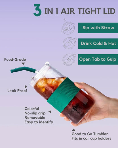 Glass Tumbler with 3 IN 1 Lids and Glass Straws(Extra Silicone Tips), Silicone Protective Sleeve, Iced Coffee Cup, Travel Water Bottle, Soda Beer Glass Cups, Hot Tea-Pink 20oz 1pc