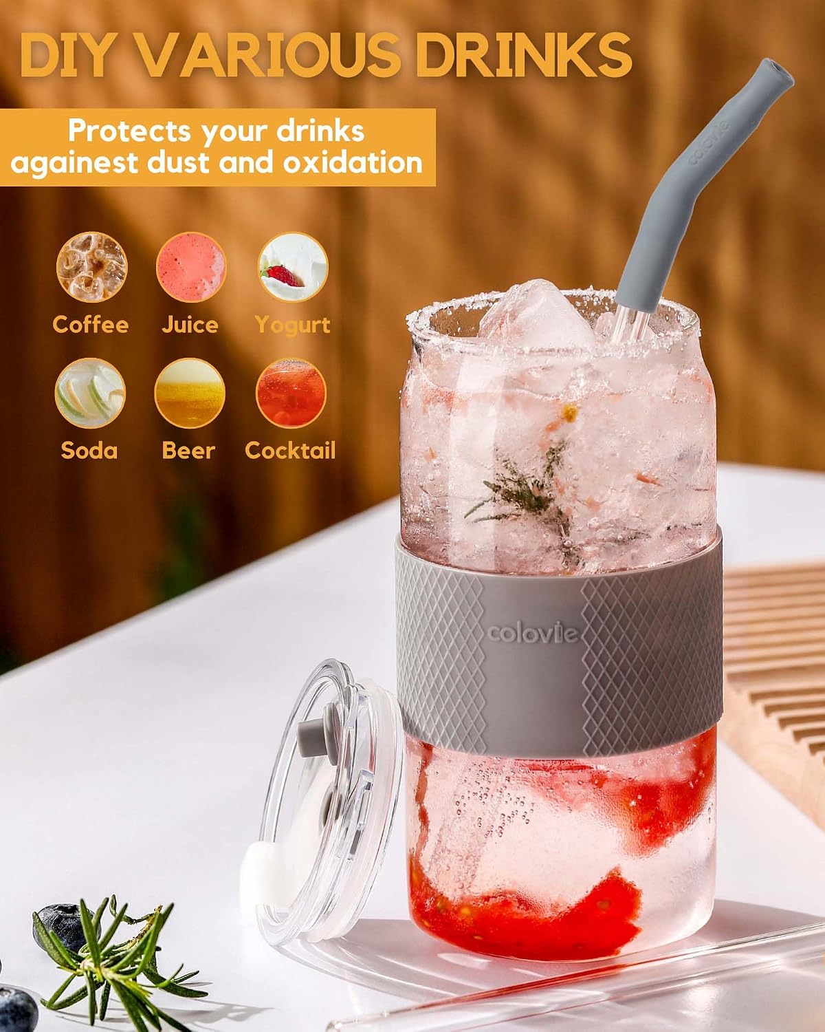 Glass Tumbler with 3 IN 1 Lids and Glass Straws(Extra Silicone Tips), Silicone Protective Sleeve, Iced Coffee Cup, Travel Water Bottle, Soda Beer Glass Cups, Hot Tea-Pink 20oz 1pc