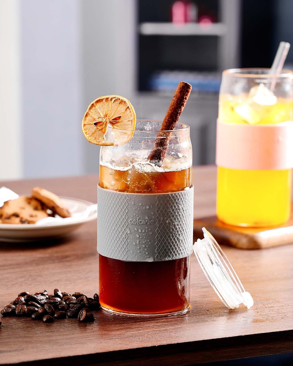 Glass Tumbler with 3 IN 1 Lids and Glass Straws(Extra Silicone Tips), Silicone Protective Sleeve, Iced Coffee Cup, Travel Water Bottle, Soda Beer Glass Cups, Hot Tea-Pink 20oz 1pc