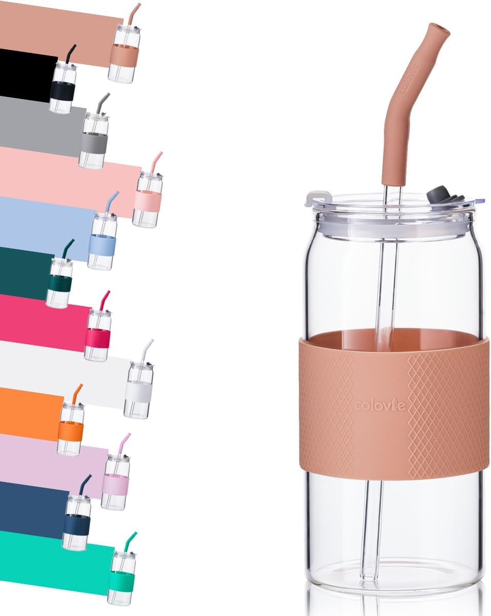 Glass Tumbler with 3 IN 1 Lids and Glass Straws(Extra Silicone Tips), Silicone Protective Sleeve, Iced Coffee Cup, Travel Water Bottle, Soda Beer Glass Cups, Hot Tea-Pink 20oz 1pc
