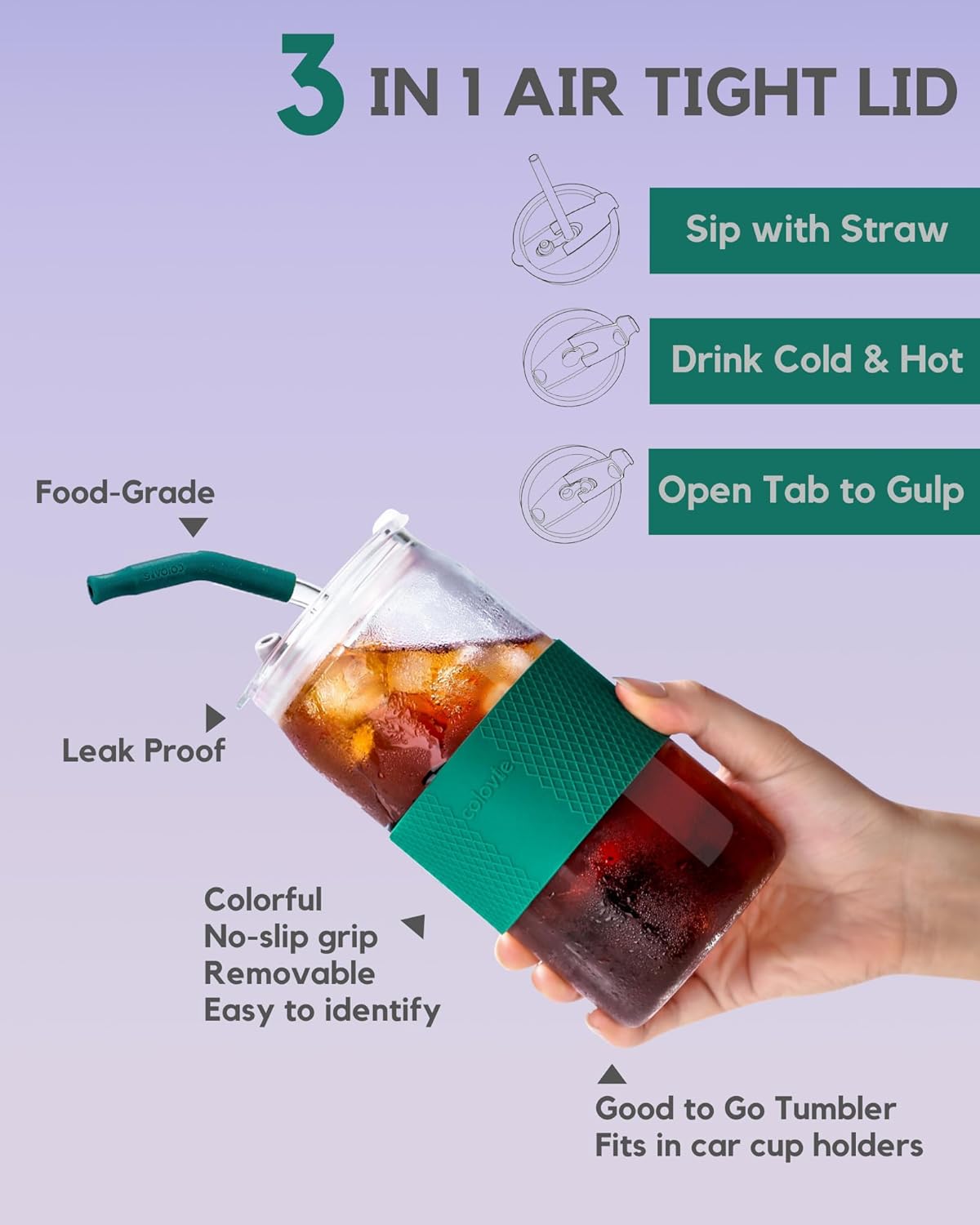 Glass Tumbler with 3 IN 1 Lids and Glass Straws(Extra Silicone Tips), Silicone Protective Sleeve, Iced Coffee Cup, Travel Water Bottle, Soda Beer Glass Cups, Hot Tea-Pink 20oz 1pc