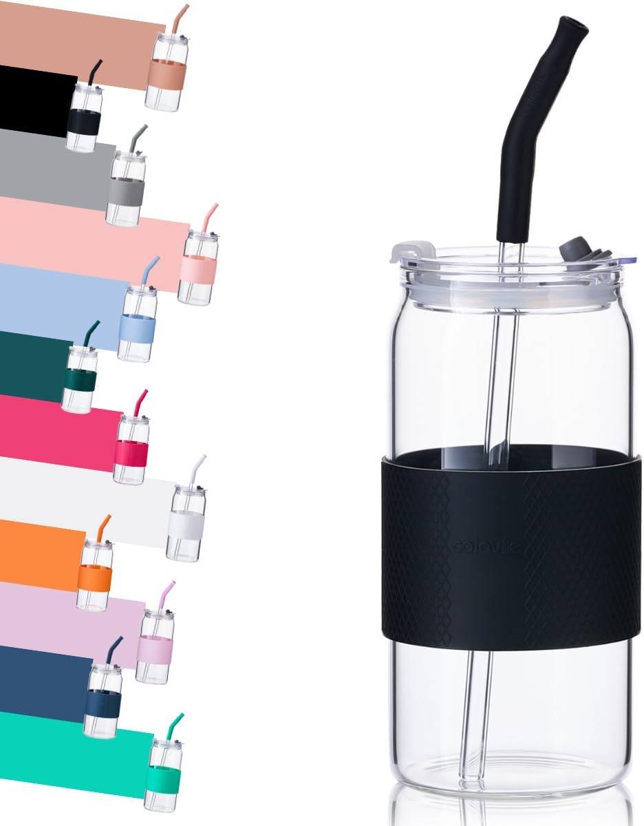 Glass Tumbler with 3 IN 1 Lids and Glass Straws(Extra Silicone Tips), Silicone Protective Sleeve, Iced Coffee Cup, Travel Water Bottle, Soda Beer Glass Cups, Hot Tea-Pink 20oz 1pc