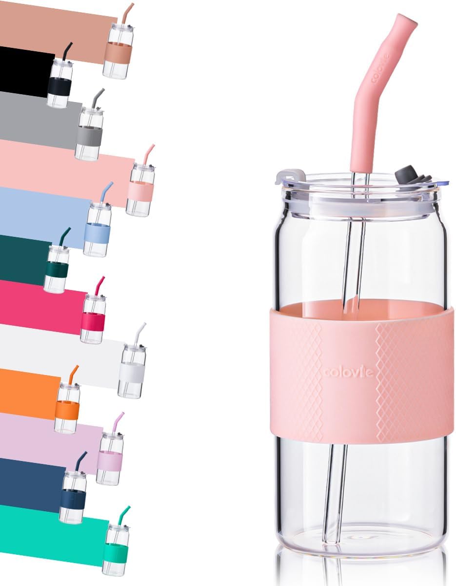 Glass Tumbler with 3 IN 1 Lids and Glass Straws(Extra Silicone Tips), Silicone Protective Sleeve, Iced Coffee Cup, Travel Water Bottle, Soda Beer Glass Cups, Hot Tea-Pink 20oz 1pc