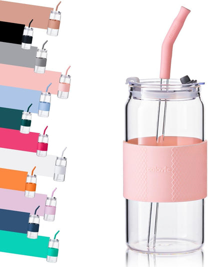Glass Tumbler with 3 IN 1 Lids and Glass Straws(Extra Silicone Tips), Silicone Protective Sleeve, Iced Coffee Cup, Travel Water Bottle, Soda Beer Glass Cups, Hot Tea-Pink 20oz 1pc
