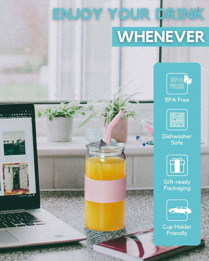 Glass Tumbler with 3 IN 1 Lids and Glass Straws(Extra Silicone Tips), Silicone Protective Sleeve, Iced Coffee Cup, Travel Water Bottle, Soda Beer Glass Cups, Hot Tea-Pink 20oz 1pc