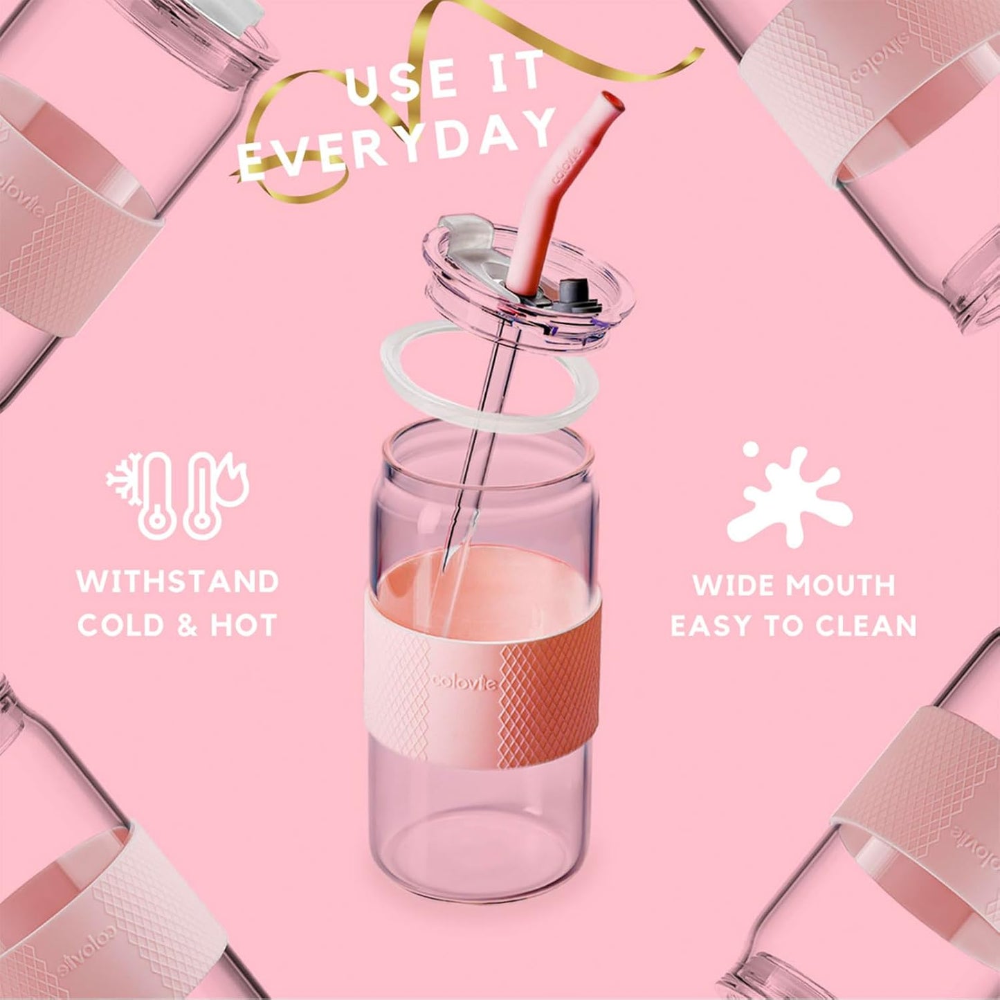 Glass Tumbler with 3 IN 1 Lids and Glass Straws(Extra Silicone Tips), Silicone Protective Sleeve, Iced Coffee Cup, Travel Water Bottle, Soda Beer Glass Cups, Hot Tea-Pink 20oz 1pc