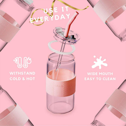 Glass Tumbler with 3 IN 1 Lids and Glass Straws(Extra Silicone Tips), Silicone Protective Sleeve, Iced Coffee Cup, Travel Water Bottle, Soda Beer Glass Cups, Hot Tea-Pink 20oz 1pc