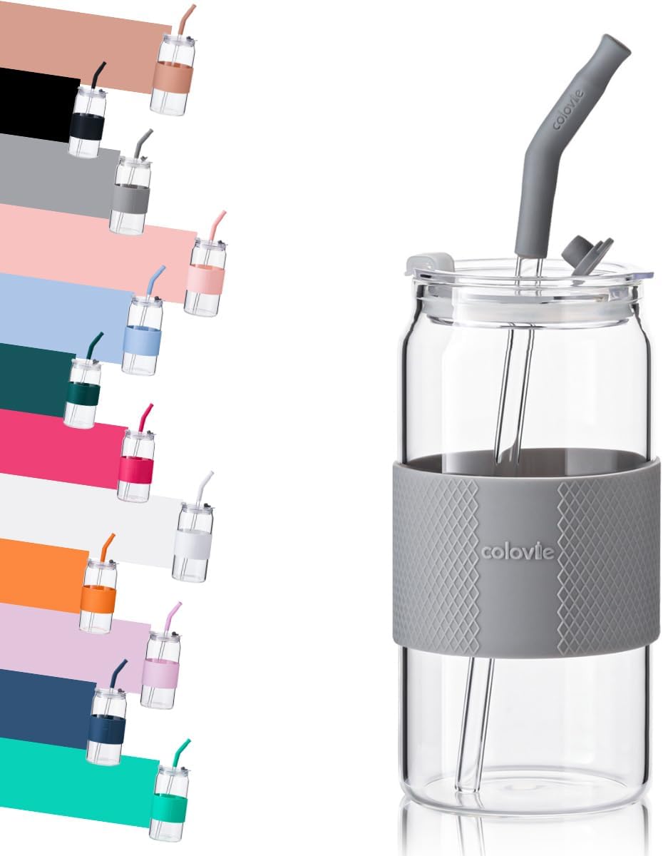 Glass Tumbler with 3 IN 1 Lids and Glass Straws(Extra Silicone Tips), Silicone Protective Sleeve, Iced Coffee Cup, Travel Water Bottle, Soda Beer Glass Cups, Hot Tea-Pink 20oz 1pc