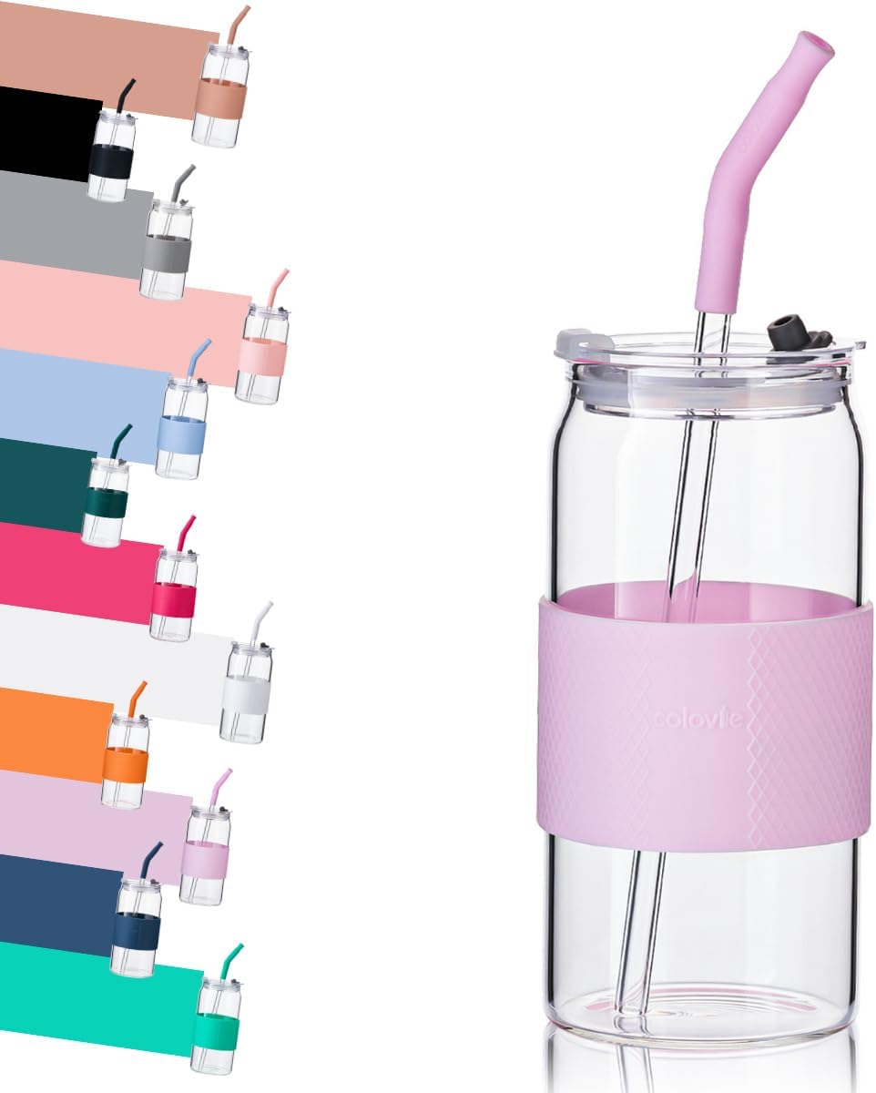 Glass Tumbler with 3 IN 1 Lids and Glass Straws(Extra Silicone Tips), Silicone Protective Sleeve, Iced Coffee Cup, Travel Water Bottle, Soda Beer Glass Cups, Hot Tea-Pink 20oz 1pc