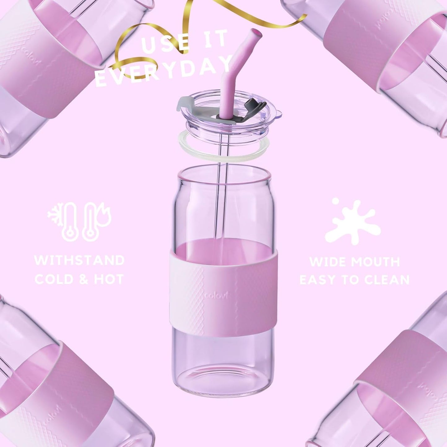 Glass Tumbler with 3 IN 1 Lids and Glass Straws(Extra Silicone Tips), Silicone Protective Sleeve, Iced Coffee Cup, Travel Water Bottle, Soda Beer Glass Cups, Hot Tea-Pink 20oz 1pc