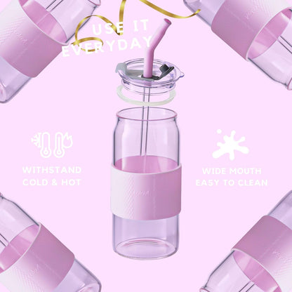 Glass Tumbler with 3 IN 1 Lids and Glass Straws(Extra Silicone Tips), Silicone Protective Sleeve, Iced Coffee Cup, Travel Water Bottle, Soda Beer Glass Cups, Hot Tea-Pink 20oz 1pc