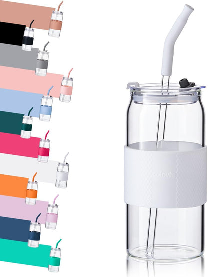 Glass Tumbler with 3 IN 1 Lids and Glass Straws(Extra Silicone Tips), Silicone Protective Sleeve, Iced Coffee Cup, Travel Water Bottle, Soda Beer Glass Cups, Hot Tea-Pink 20oz 1pc