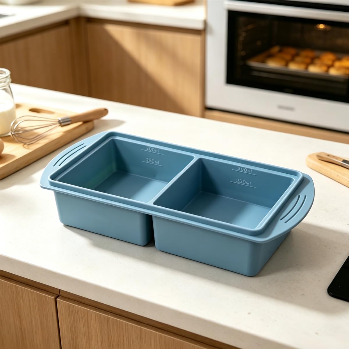 Silicone Freezer Molds, Pack of 2, 4-Compartment 500ml 2-Cup Extra Large Soup Freezer Container Trays for Soup, Stews & Sauces, Oven & Dishwasher Safe