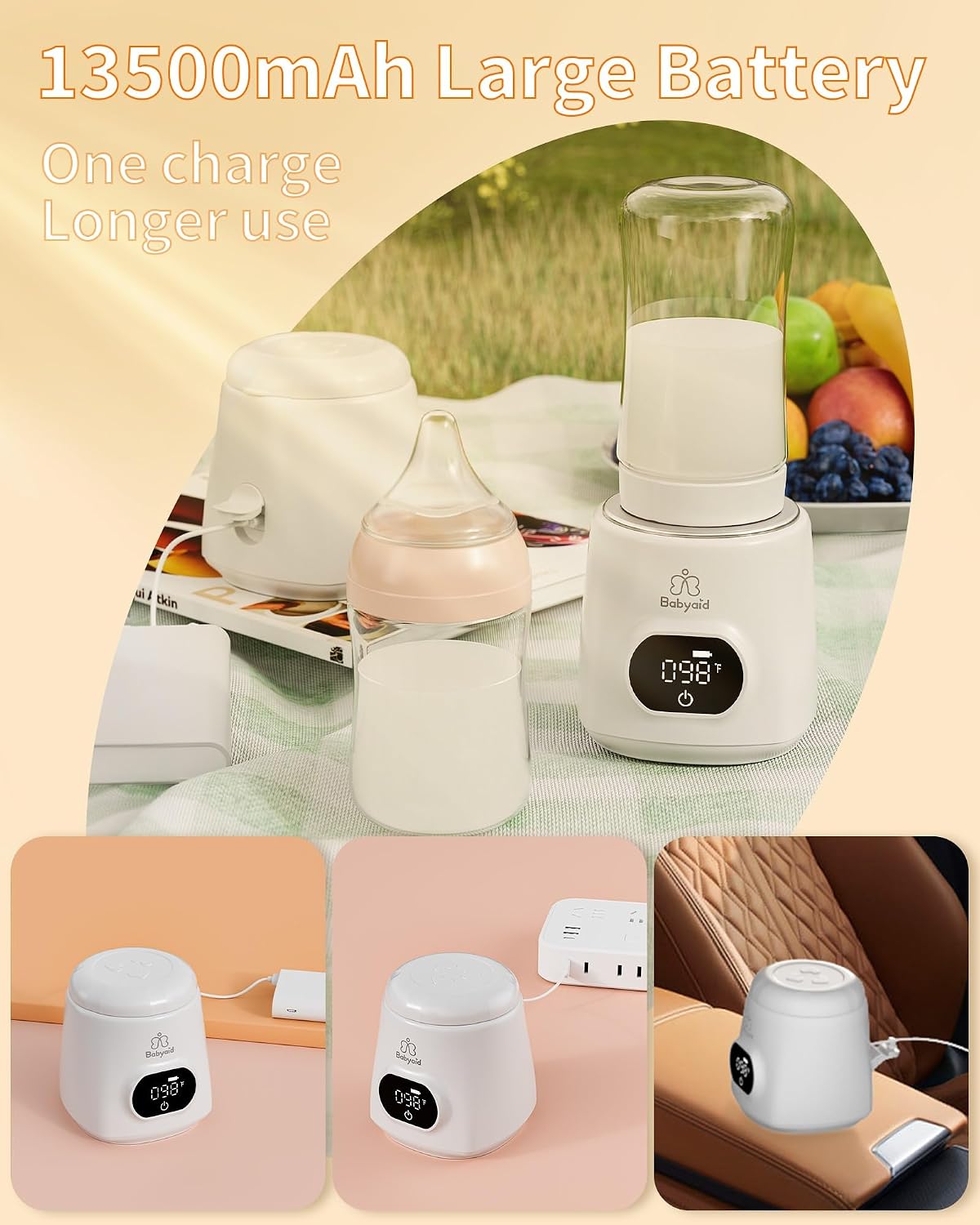 Portable Bottle Warmer, 100W Fast Heating, 13500mAh Cordless Baby Bottle Warmer with 4 Adapters & Temp Control, Travel Warmer for Breastmilk & Formula, Snow White