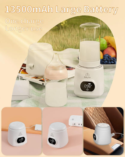 Portable Bottle Warmer, 100W Fast Heating, 13500mAh Cordless Baby Bottle Warmer with 4 Adapters & Temp Control, Travel Warmer for Breastmilk & Formula, Snow White