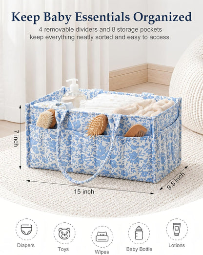 Quilted Diaper Caddy Organizer with Handle, Portable Nursery Storage Basket