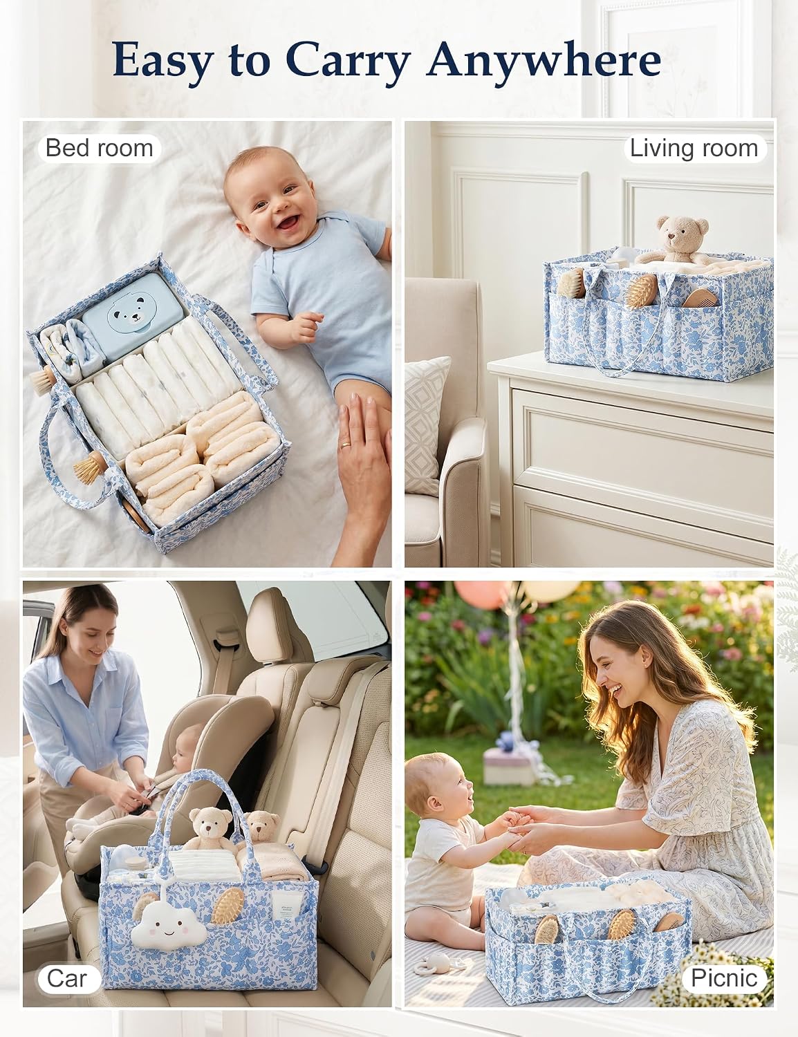 Quilted Diaper Caddy Organizer with Handle, Portable Nursery Storage Basket