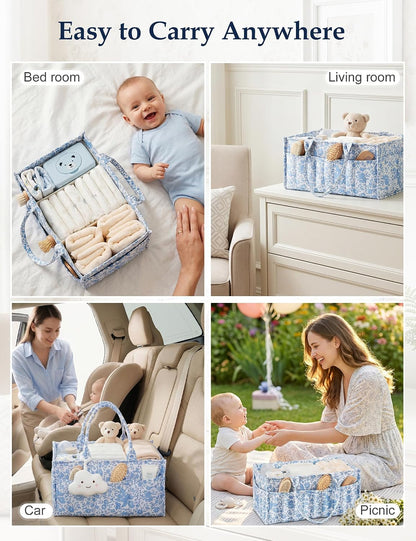 Quilted Diaper Caddy Organizer with Handle, Portable Nursery Storage Basket