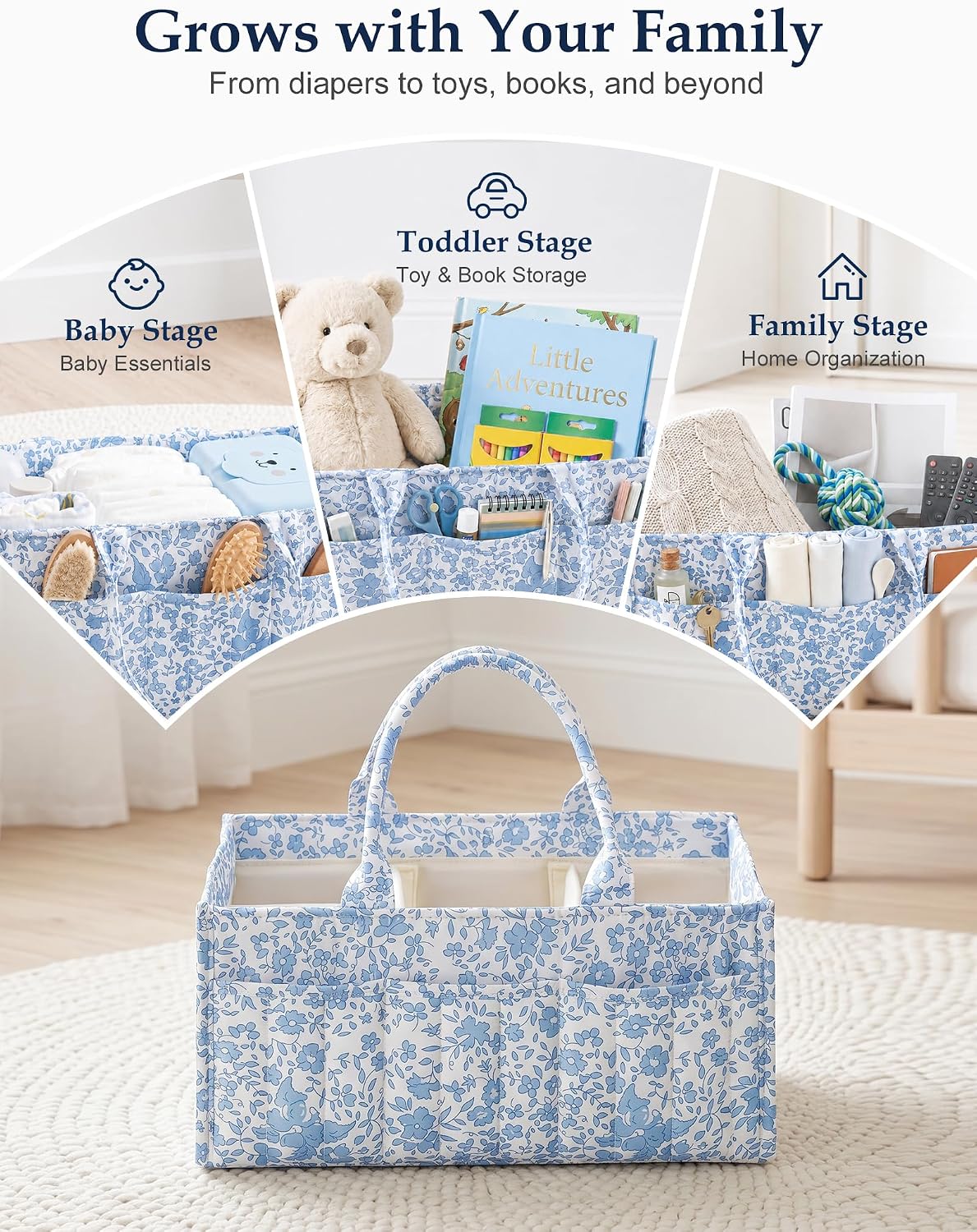Quilted Diaper Caddy Organizer with Handle, Portable Nursery Storage Basket