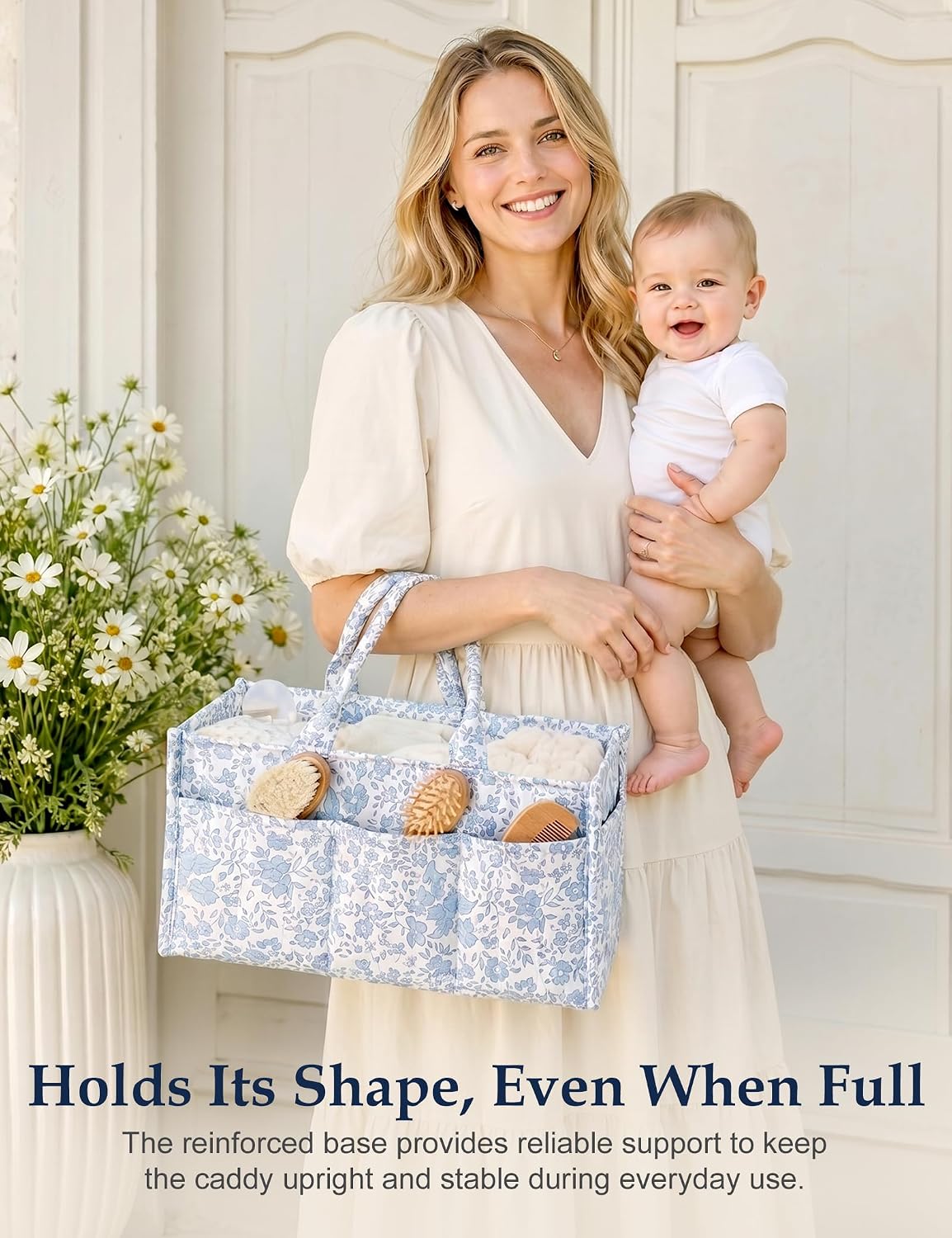 Quilted Diaper Caddy Organizer with Handle, Portable Nursery Storage Basket